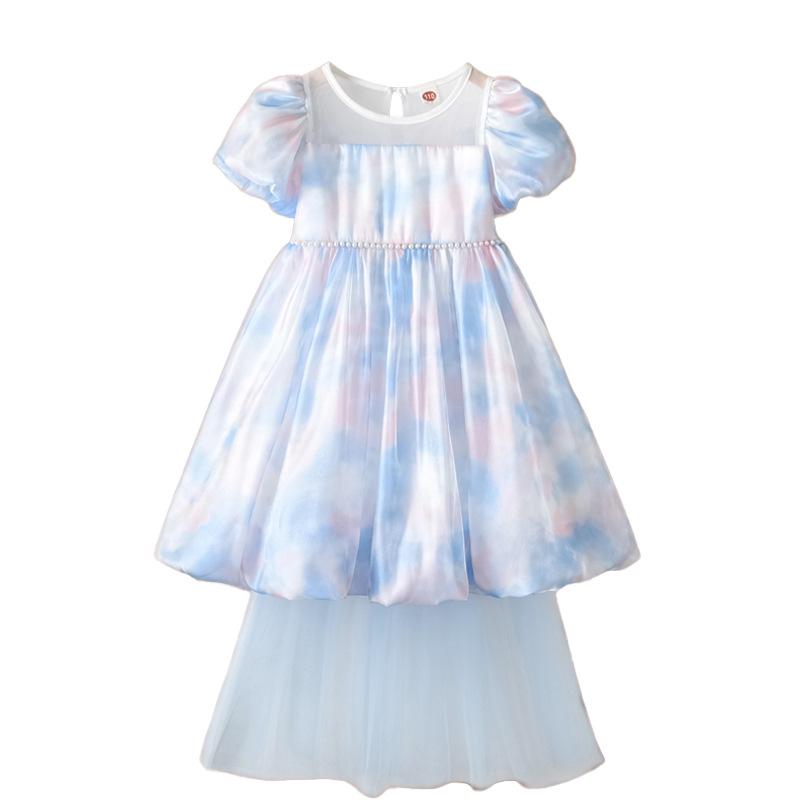 Girls Summer Princess Dress With Bow Puff Sleeves Elegant Kids Party Gown Fairy Children Formal Dress For Special Occasions