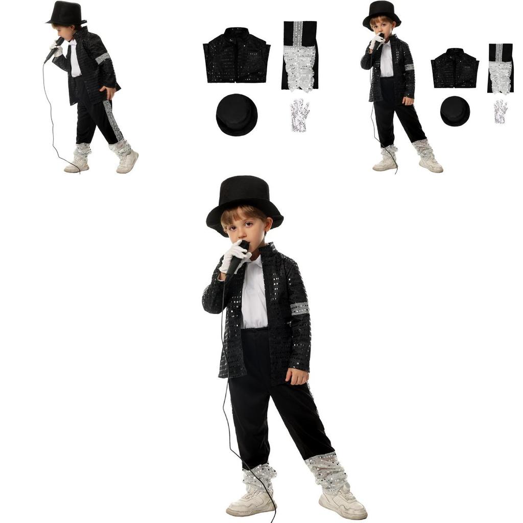 Costume Cosplay di MJ Michael Jackson per Bambini con Stampa per Esibizioni Teatrali e di Danza