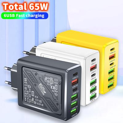 מטען קיר 65W 6 ב-1 4 USB 2 Type C טעינה מהירה לאייפון סמסונג שיאומי מטען לטלפון נייד מתאם מתח