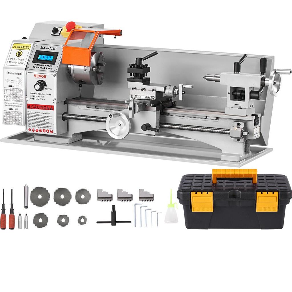 Mini Metal Lathe Machine, 7'' x 16'', 800W Precision Benchtop Power Metal Lathe, 150-2500 RPM Continuously Variable Speed, with 3.9'' 3-jaw Metal