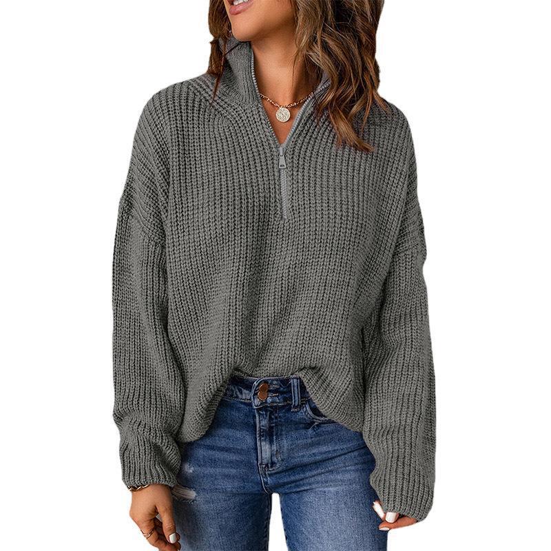 Plus Size Women's Half Open Collar Long Sleeve Women's New Autumn Solid Color Loose Turtleneck Pit Pullover Sweater