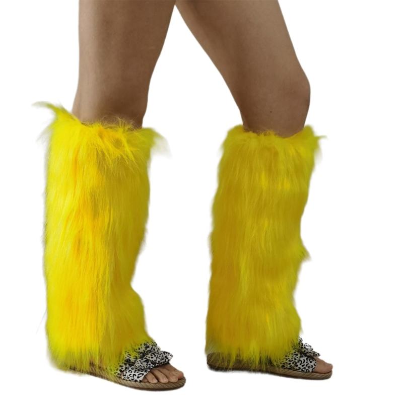 Fuzzy Boot Cuffs Leg Warmer for Women Girl Aesthetic Vintage Solid Color Bright Yellow Plush Leg Cover Knee Length Socks