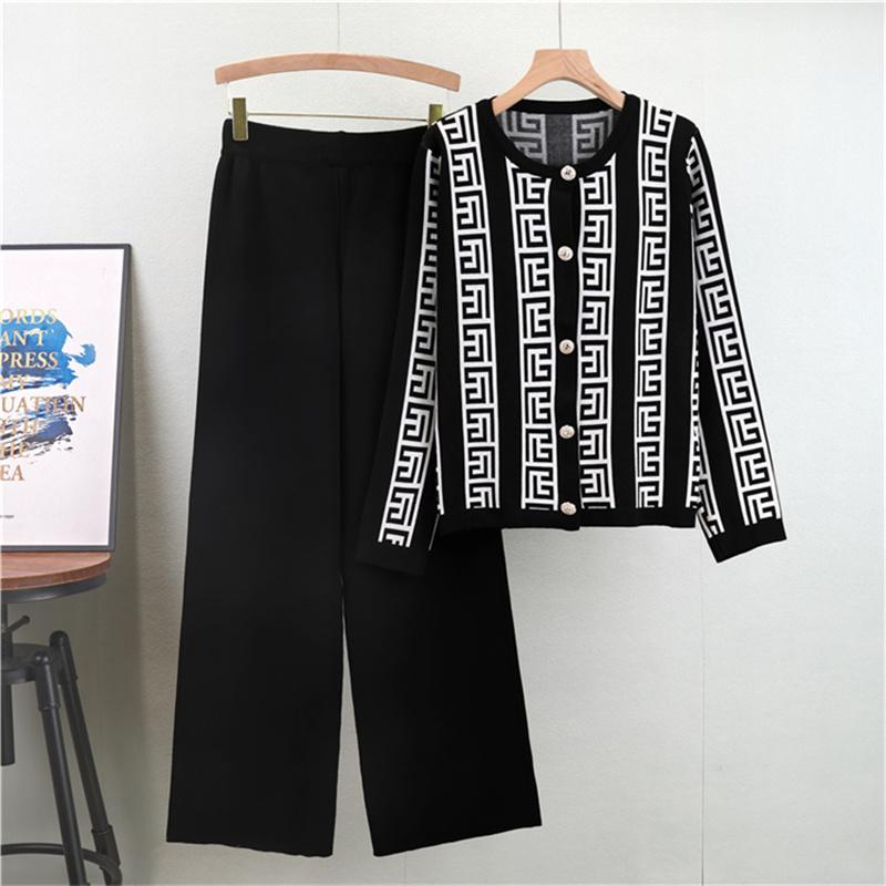 Women's Autumn Casual Suit Loose Round Neck Cardigan Wide Leg Pants Two-Piece Set Two Piece Set