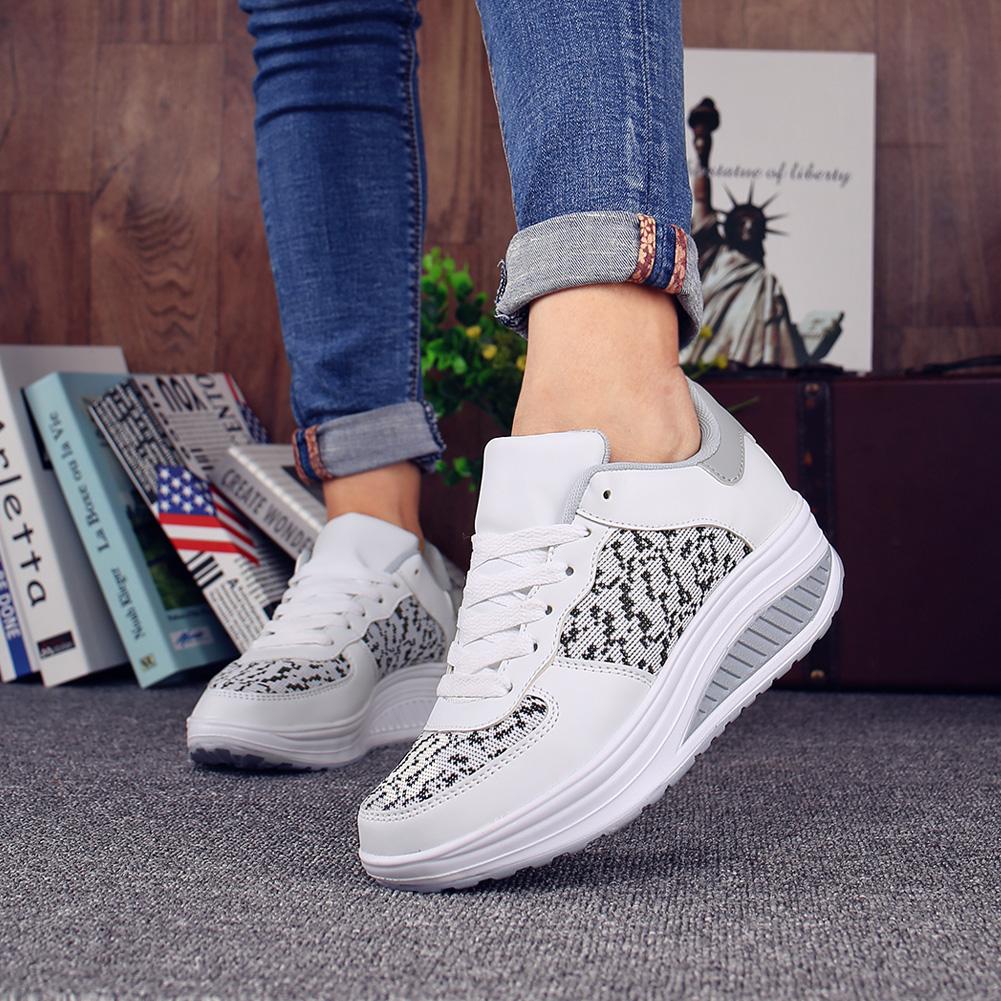 Fashion PU Leather Women's Platform Shoes Non-slip Rocker Shoes Walking Running Sports Shoes Wedge Heels