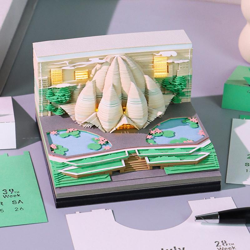 Time Piece Calendar 2026 Desk Calendar With Led Light 3D Tear-Away Calendar Paper Carving Art Memo Pad Notepad Gift Christmas