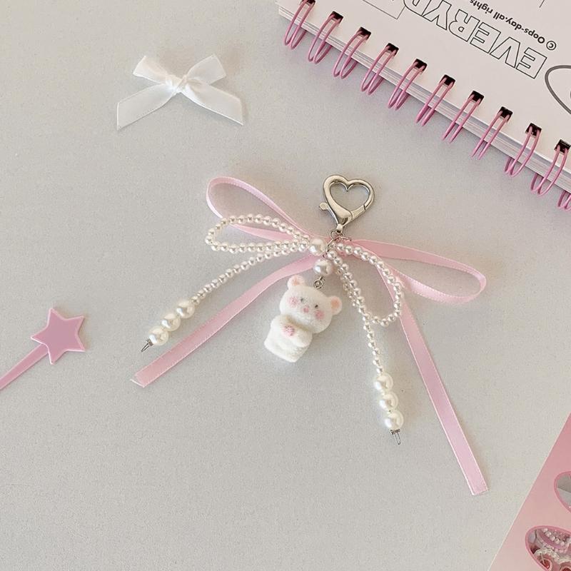 Stylish Flocking Bear Keychain With Pearls Accent and Ribbon Bowknot Stylish Purse Or Car Key Holder Accessory