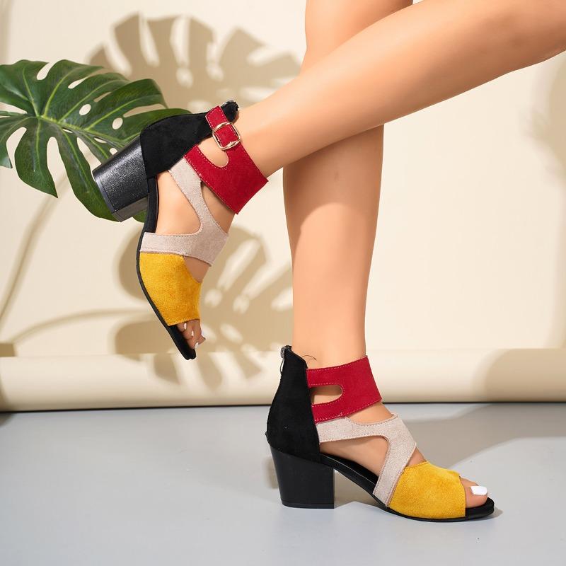Fashion Ladies Shoes 2025 New Buckle Strap Women's Sandals Fashion Color Matching Office and Career Summer Plus Size Heeled Sandals