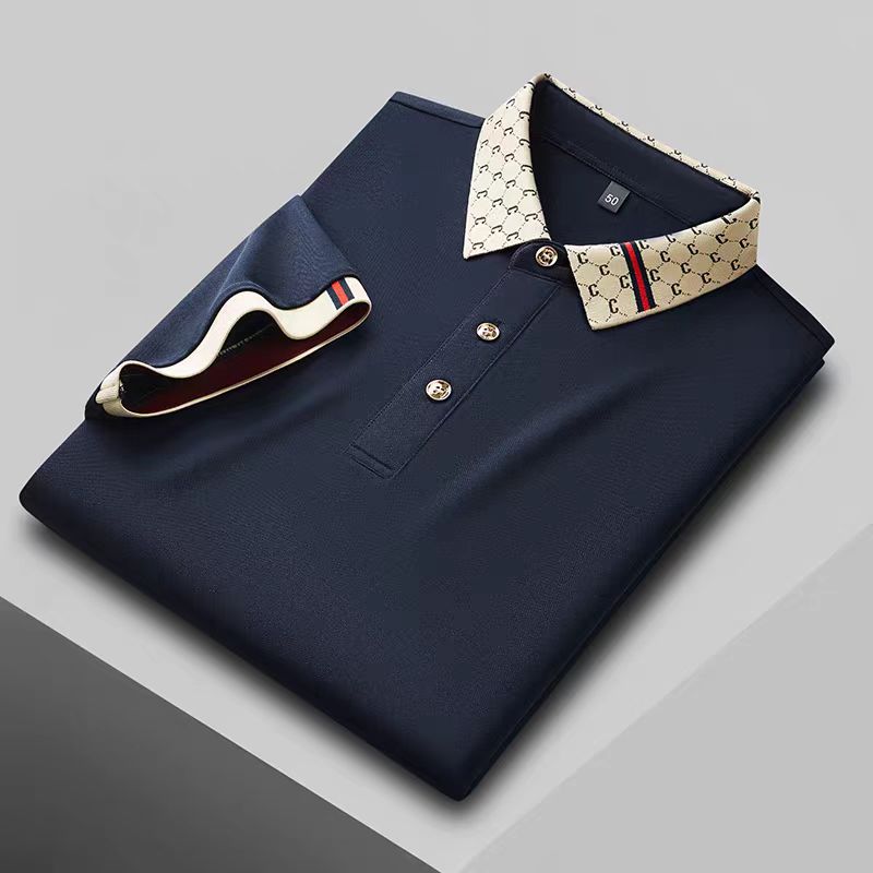 Wovey Heren Poloshirt met Verfijnde Ambachtelijke Print Korte Mouwen Zomer Kraag T-shirt Business Casual Herenkleding XXL marineblauwe kleur