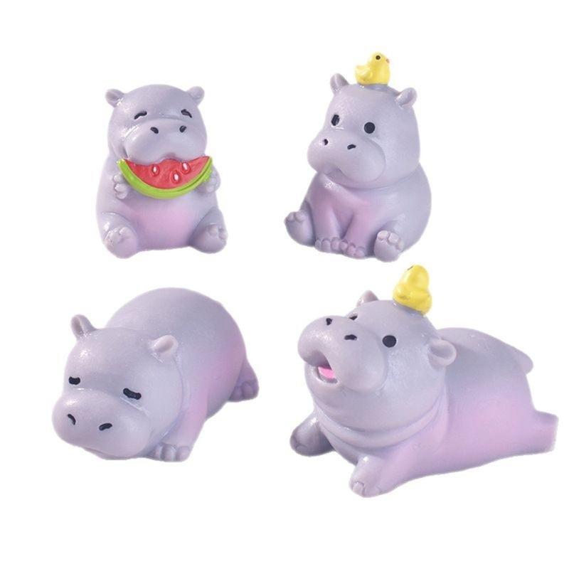 Set of 4 Handcrafted Cartoon Hippo Resins Sculpture Miniature Scene Perfect As Desk Decors Home Accent Or Present