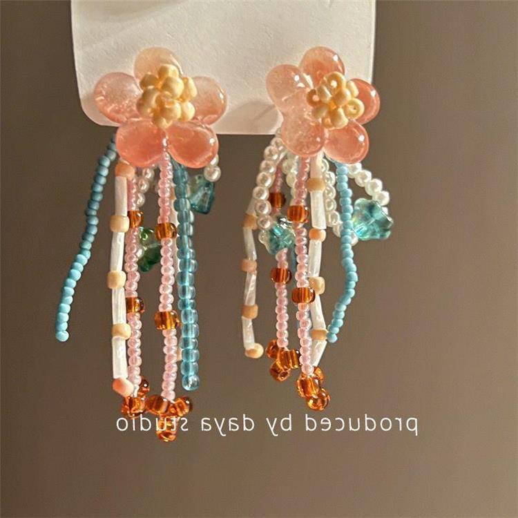 Colorful Dopamine Fabric Beaded Earrings – Women's Studs, Seaside Vacation Style, Ear Clips