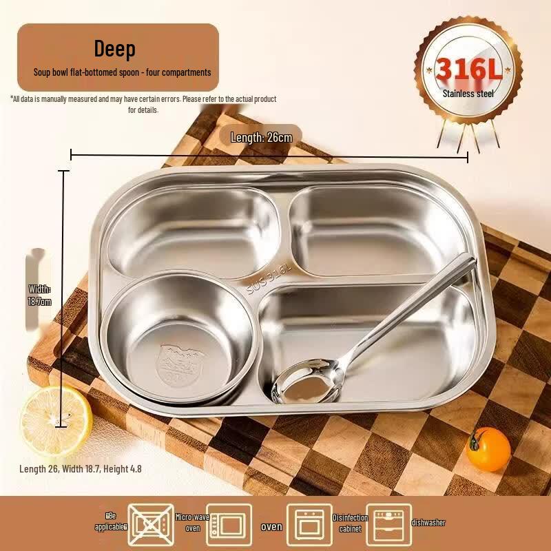 HANDUNYOU 316L Stainless Steel 4-Compartment Cafeteria Tray Set