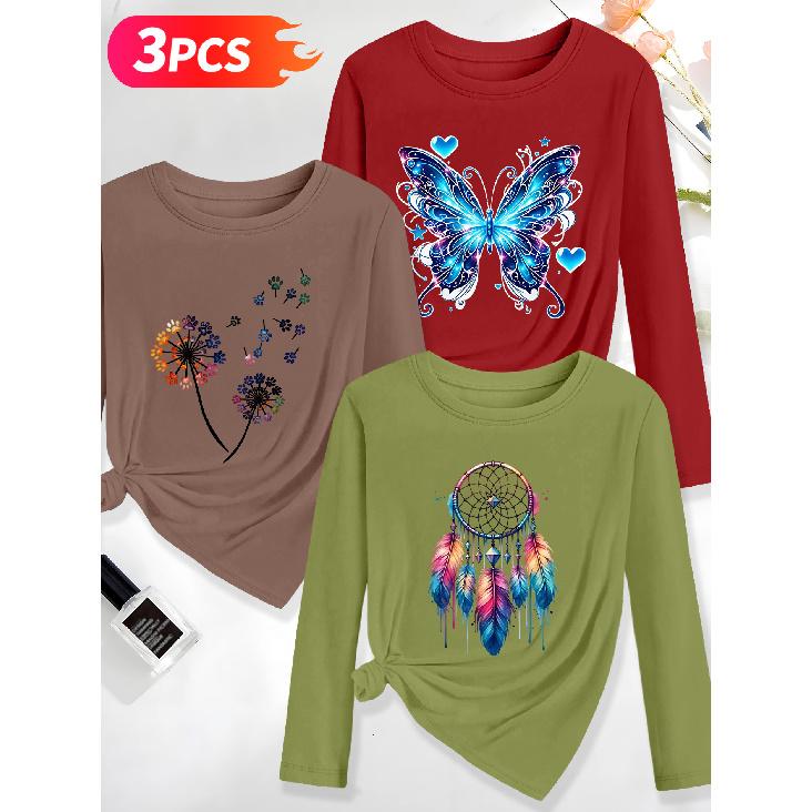 Holiday clothing Three-piece elegant long-sleeve outfit for women Butterfly Shadow Dreamcatcher Vintage Print Spring, Summer, Autumn Casual Elegant