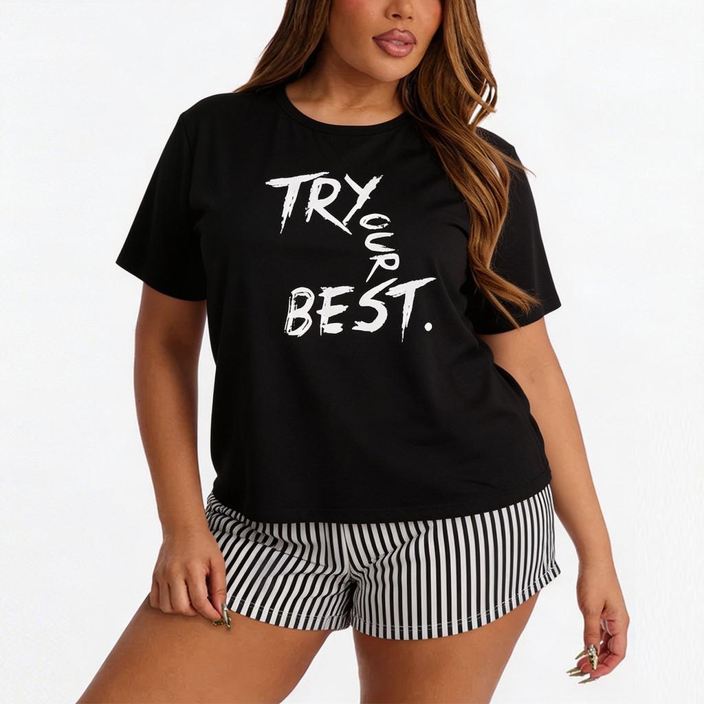 Large-size Pajama Set for Women - Stylish and Loose-fitting Short-sleeved Short Pants Two-piece Home Wear