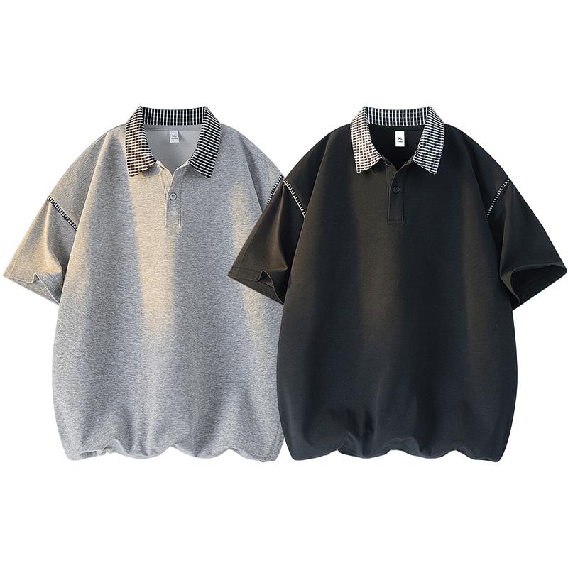 Retro plaid lapel POLO shirt short-sleeved T-shirt men's summer casual T-shirt