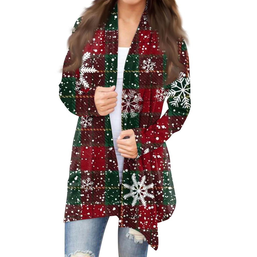 Dam Julmönstrad Långärmad Kofta Framtryck Topp Lätt Jacka