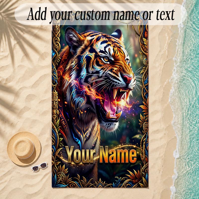 Leopard Theme Soft Beach Towel Personalized Custom Name Text Towel Portable for Beach Pool Travel