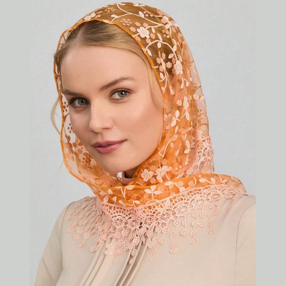 Floral Printed Lace Triangle Scarf Transparent Flower Tassels Scarves Veil Headband  Women