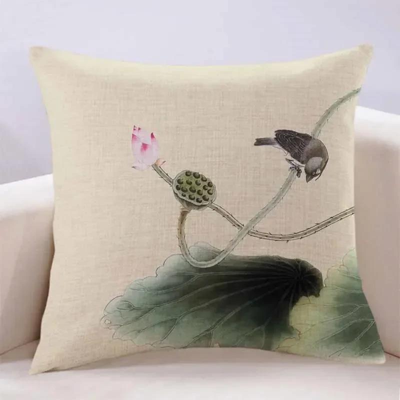 New Lotus Cushion Cover Printed Linen Pillow Cover Chinese Style Home Pillow Cushion Cover Sofa Living Room Beige