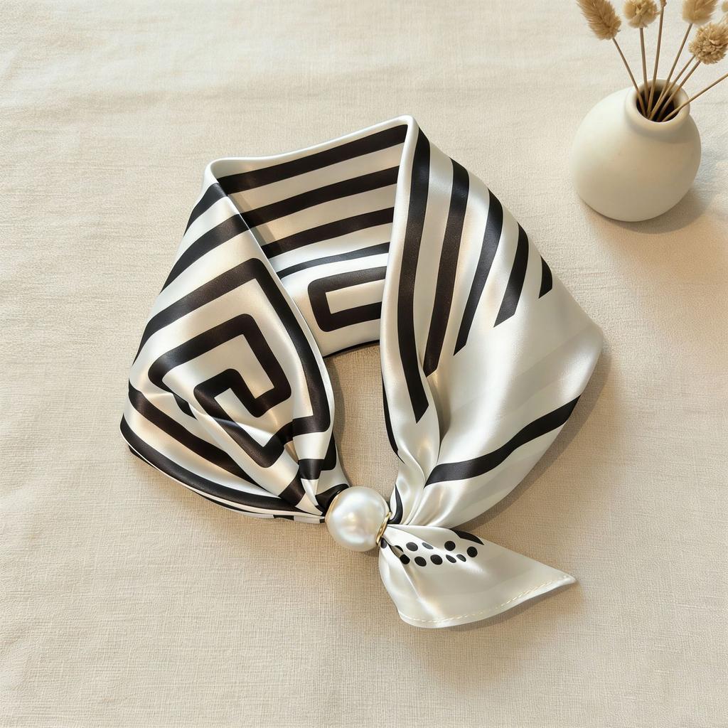 Scarf Print Silk Pearl Neck Scarf Lazy Chain Collarbone Magnetic Thin Pendant Buckle Handkerchief Ribbon Woman Luxury Accesories