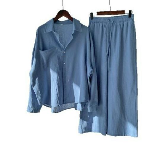 Plus-Size Retro Linen Two-Piece Set: Loose Spring Long Sleeve Shirt & High Waist Cropped Pants