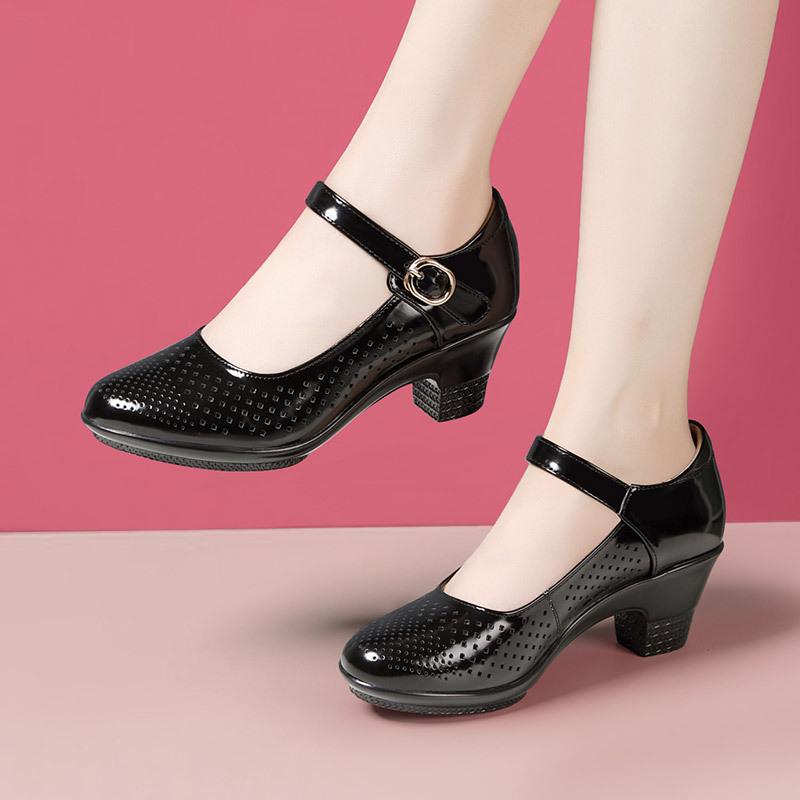 Women Black Genuine Leather Buckle Strap High Quality Shoes Women Dance Shoes Lady Fashion Spring Summer Red Comfort Heel Pumps