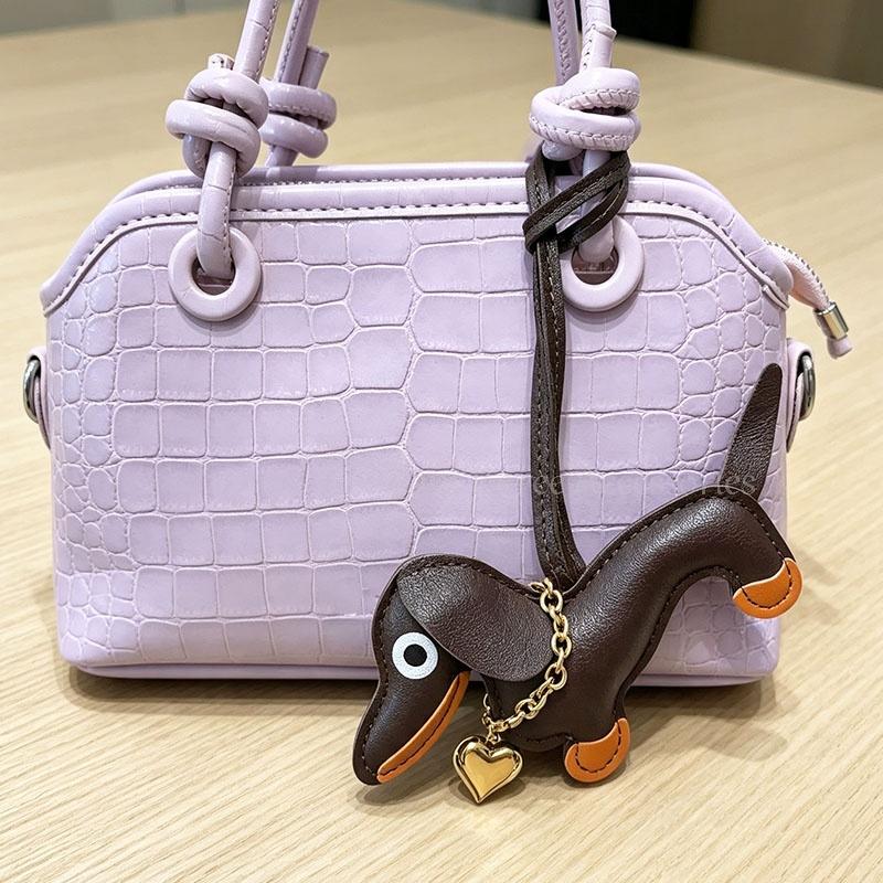 Pu Leather Stuffed Dachshund With Collar of Gold Heart Shape Pendent WIth Long Strap Puppy Pendent for Bag Charms Accessories