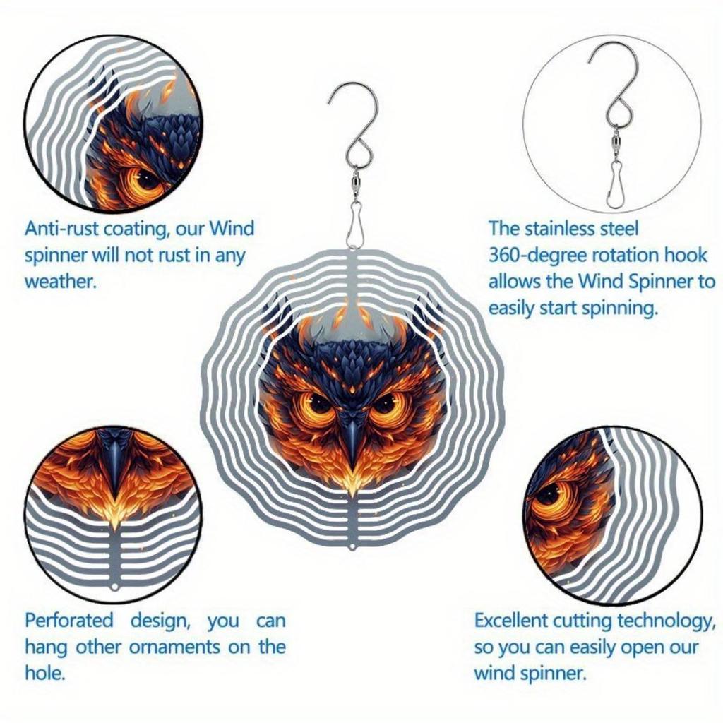 Flame Eagle Mandalala Wind Chime 2D Printed Metal Decor for Outdoor Garden Balcony Vibrant Orange Blue Feathers Handcrafted Eagle Design