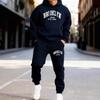 Completo felpa con cappuccio da uomo con stampa di lettere - Tuta casual calda foderata in pile