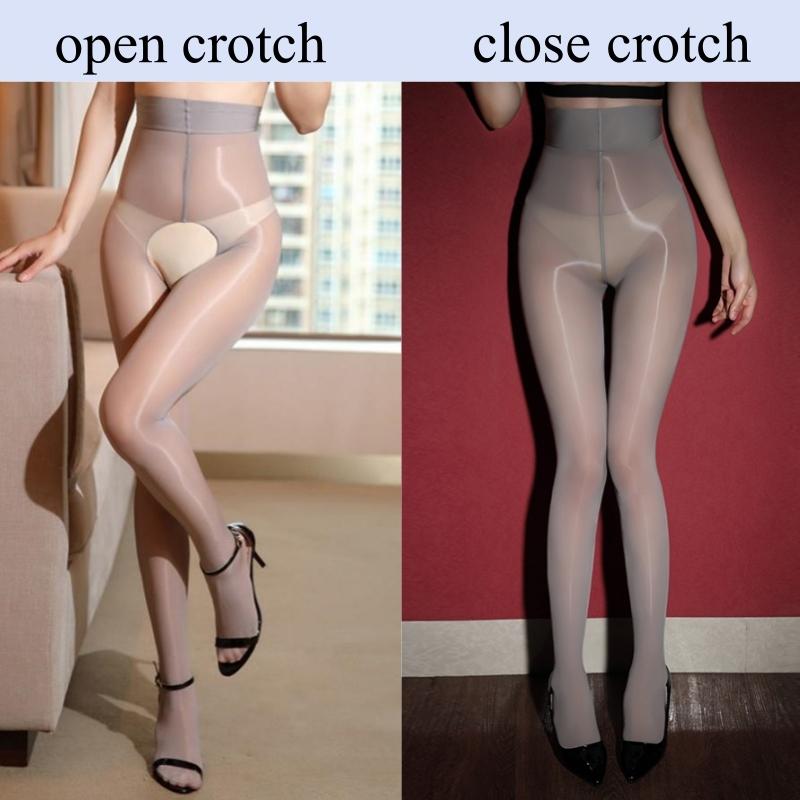 8D Ultra Thin Transparent Stockings Vintage Oil Glossy High Waist Nylon Pantyhose Women Sexy One Line Open Crotch Tights