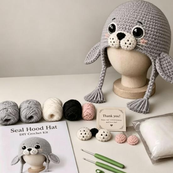 Handmade Yarn Crafts Animal Hood Hat Crochet Kit, DIY Earflap Craft Complete Knitting Materials Cute Crafting Project for Adults Teens, Gift