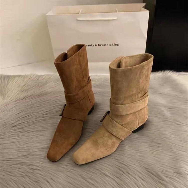 2025 Korean version of the new niche design versatile French short boots small square head thick heel Maillard medium boots women's boots