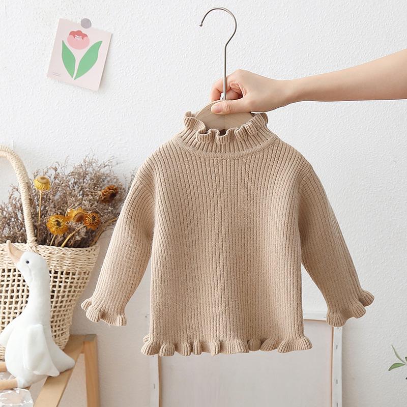 Girls' Velvet Ruffle Sweater: Half-High Collar, Knitted, Plus Velvet Layer, Warm for Autumn & Winter