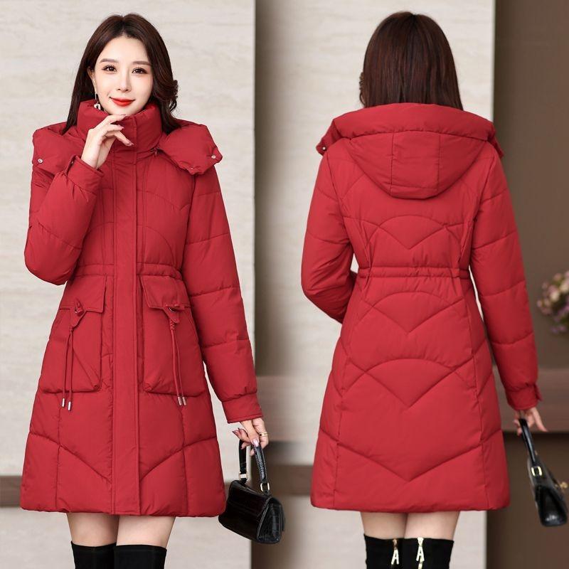 Winter Women Medium To Long Cotton Jacket Thickened Warm Casual Stand Collar Hooded Parker Coat Solid Color Warm Cotton Jacket
