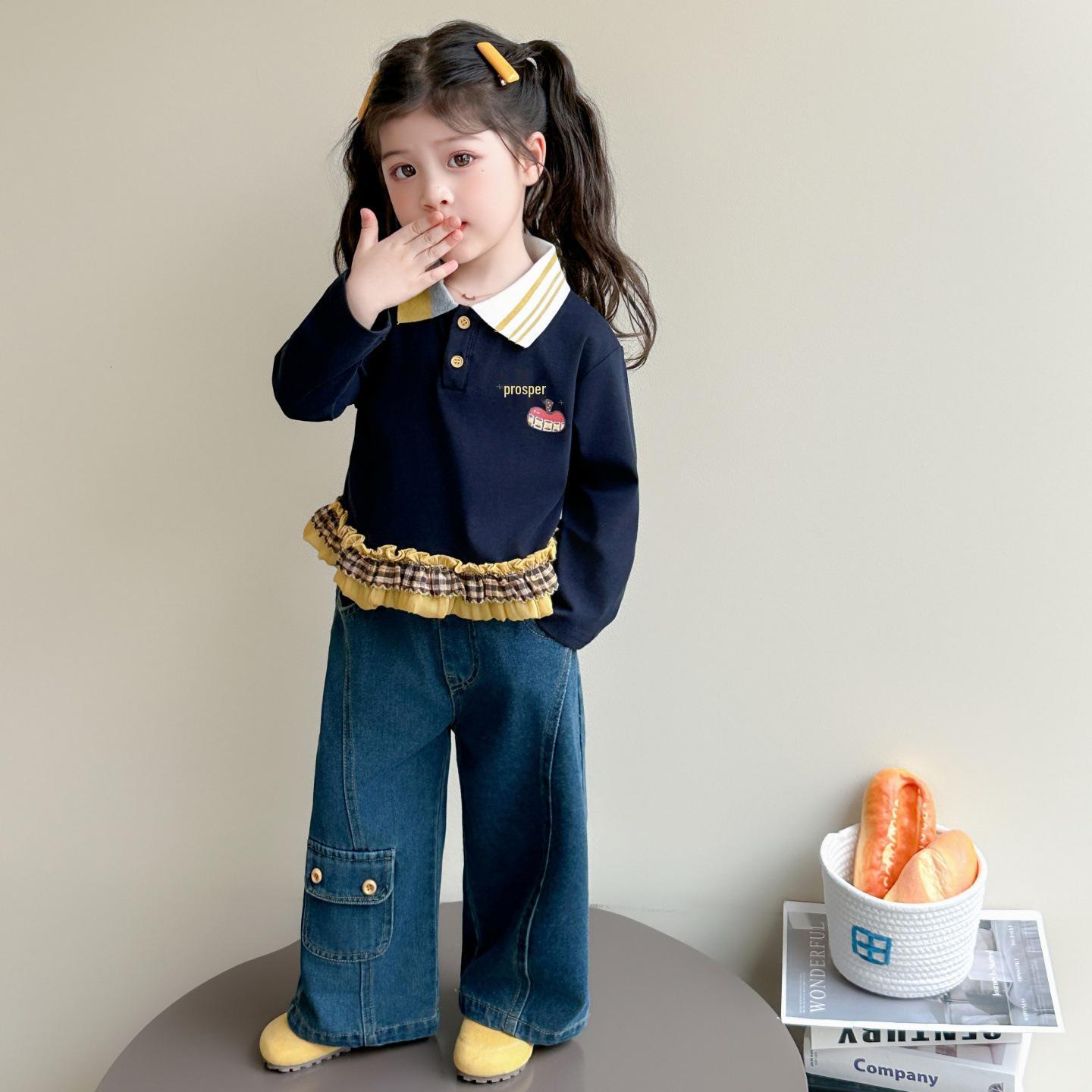 

2025 New Girls Korean Style Casual Sweatshirt and Jeans Set - Fashionable Autumn Outfit for Kids 130 cm темно-синий