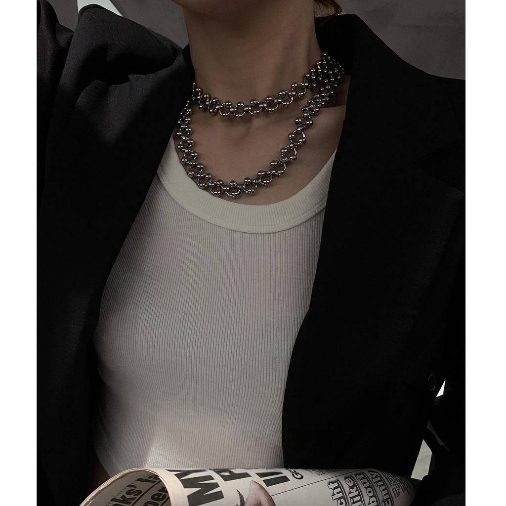 Punk Hip-hop Raffinato Fatto a Mano Perline Rotonde Acciaio Inossidabile Collana a Catena per Clavicola Parola O Accessori Choker per Donne Uomini Gioielli