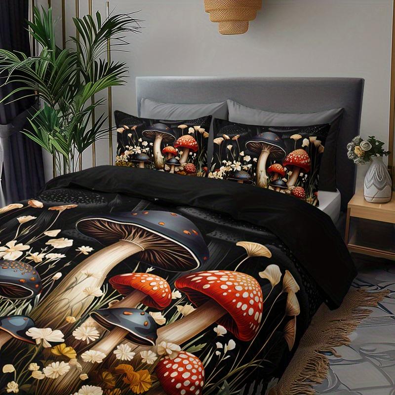 3Pcs Botanical Mushroom Bedding Duvet Cover Set Dark Fantasy Mushroom Bedding Quilt Set Floral Mushroom Themed Bed Quilt Set