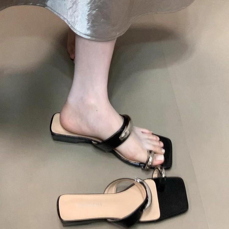 French Thick Heel Metal Buckle Sleeve Toe Slippers Women's Summer Wear Versatile Not Tired Feet Small Slope Heel Beautiful Cool Slippers