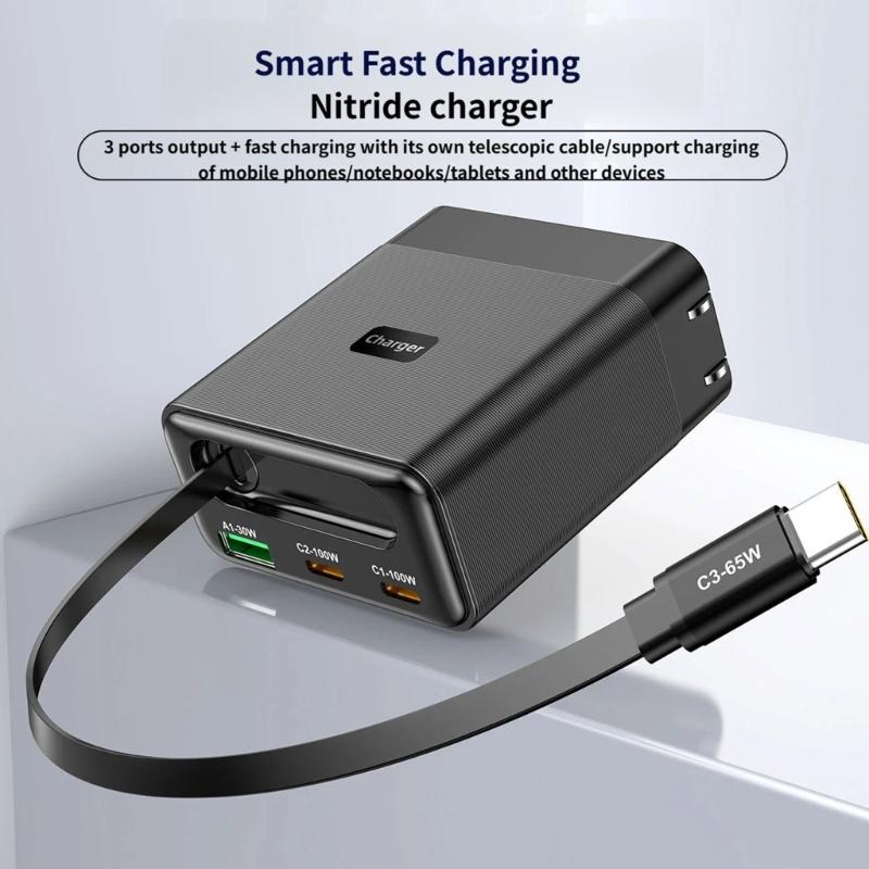 100W Wall Charger Charging Block Including Flexible USB C Cord And 3 Outputs Universal Power Supply Lightweighted