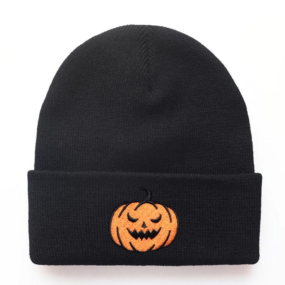 

New autumn and winter Halloween pumpkin little devil embroidered knitted hat for men and women, warm beanie hat for students Adjustable чёрный