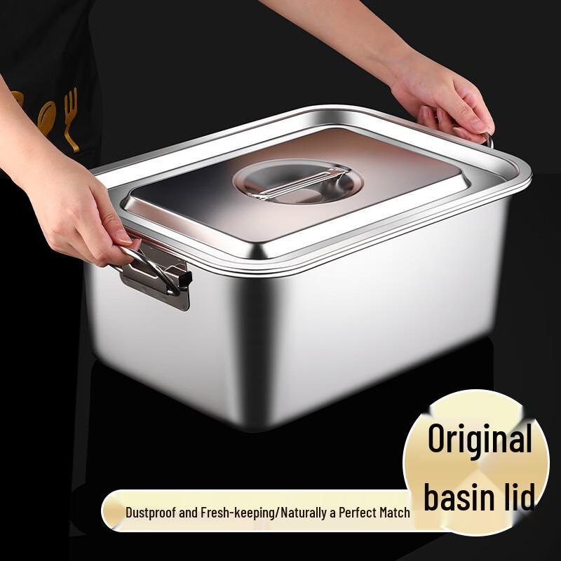 Large Rectangular Stainless Steel Serving Basin with Lid and Handle