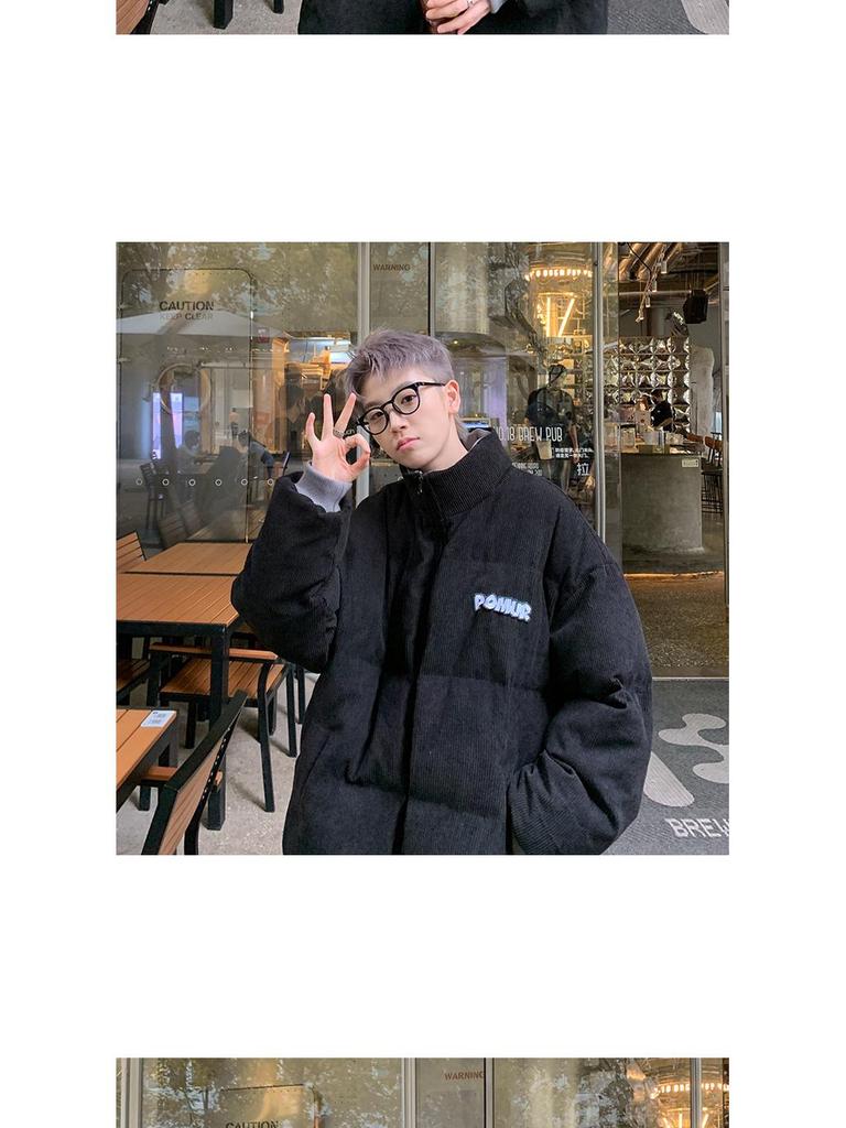 Men's Retro Corduroy Stand Collar Jacket, Autumn/Winter, Thickened with Letter Patch, Color Melange, Cotton Padded Outerwear.