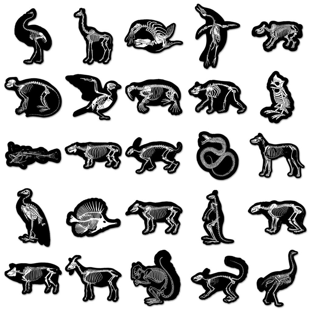 50 Animal Skeleton Graffiti Stickers - Creative Black Border Decorations for Phone Cases, Water Bottles, and Suitcases