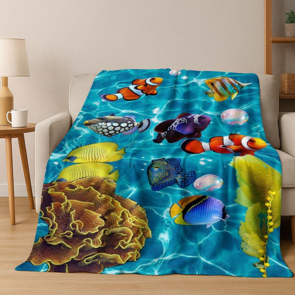 2026 New Underwater World Sea Dolphin Turtle Coral Art Flannel Blanket,Cozy Soft Throw Blanket for Home Bedroom Bed Sofa Kids
