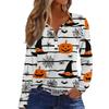 Women's Fashion Casual Halloween Printed V-Neck Button Trim Long Sleeve T-Shirt Top