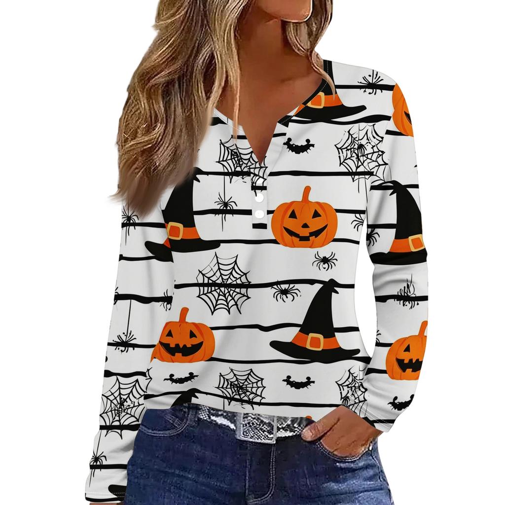 Women's Fashion Casual Halloween Printed V-Neck Button Trim Long Sleeve T-Shirt Top