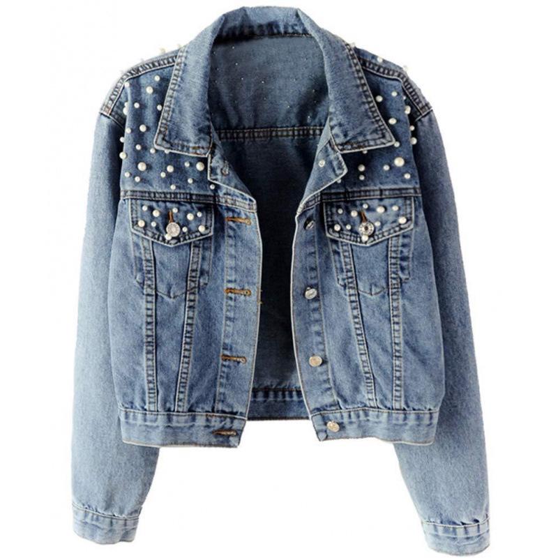 

Women s Plus Size Studded Rhinestone Denim Jacket with Pearl Beads XS світло-синій колір