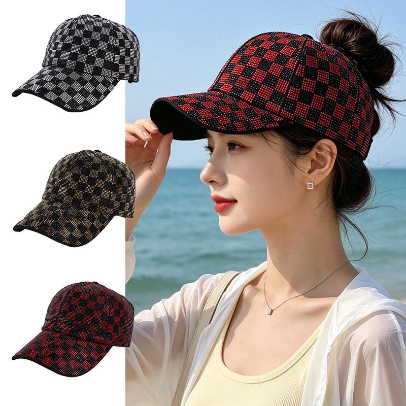 Source spot checkerboard hot diamond baseball cap women's summer daily versatile face small high ponytail cap