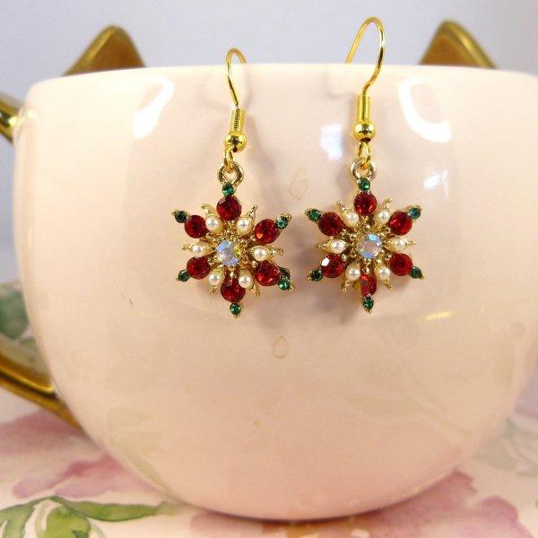 Crystal Christmas Snowflake Zircon Colorful Pearl Earrings Stud For Women Dangle Hook  Xmas Party  Jewelry Gift
