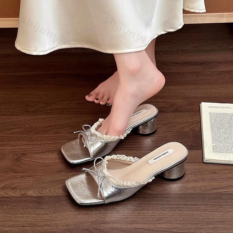 Fashion 2025 Summer New Women's High-heel Casual Sandals Elegant French Style Lace Bow Open Toes Slippers Comfortable Fashion Cool Shoes
