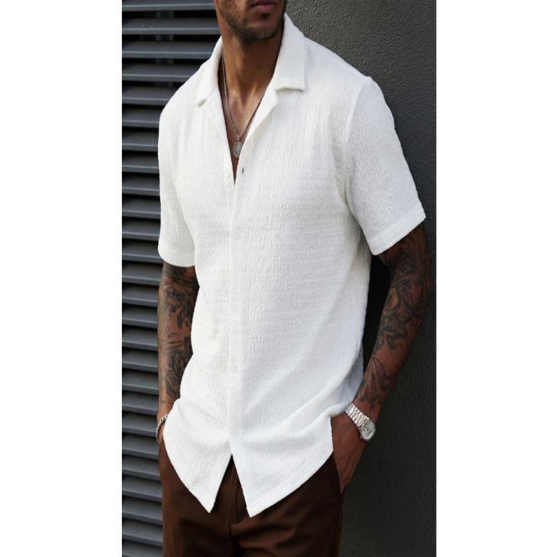 Camisa Jacquard Casual para Hombre con Cuello de Solapa de Manga Corta y Botones